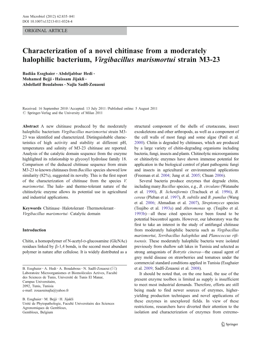 Characterization of a Novel Chitinase from a Moderately Halophilic Bacterium, Virgibacillus Marismortui Strain M3-23