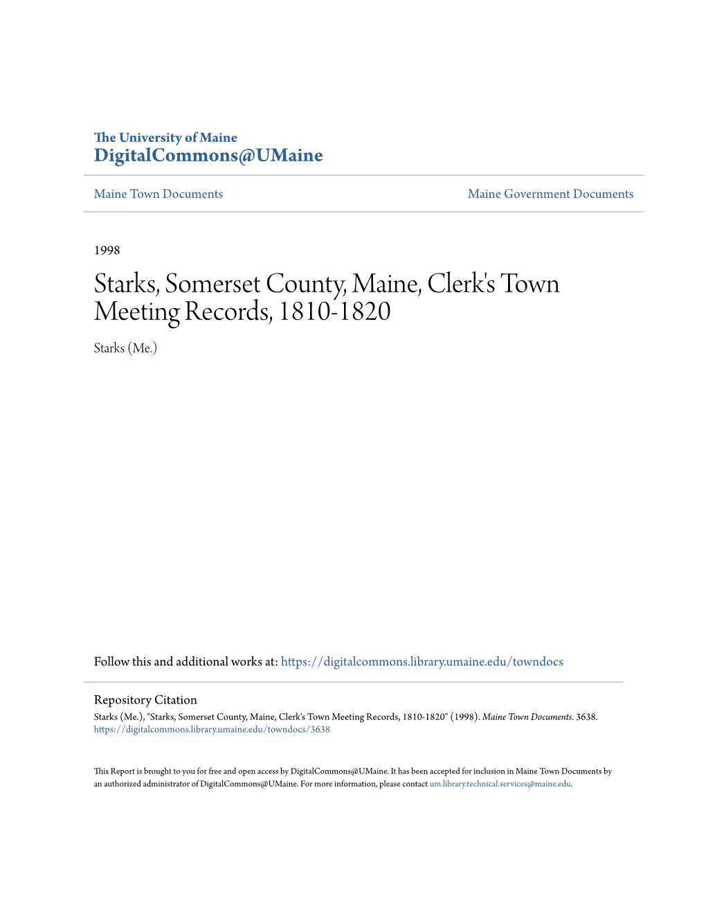 Starks, Somerset County, Maine, Clerk's Town Meeting Records, 1810-1820 Starks (Me.)