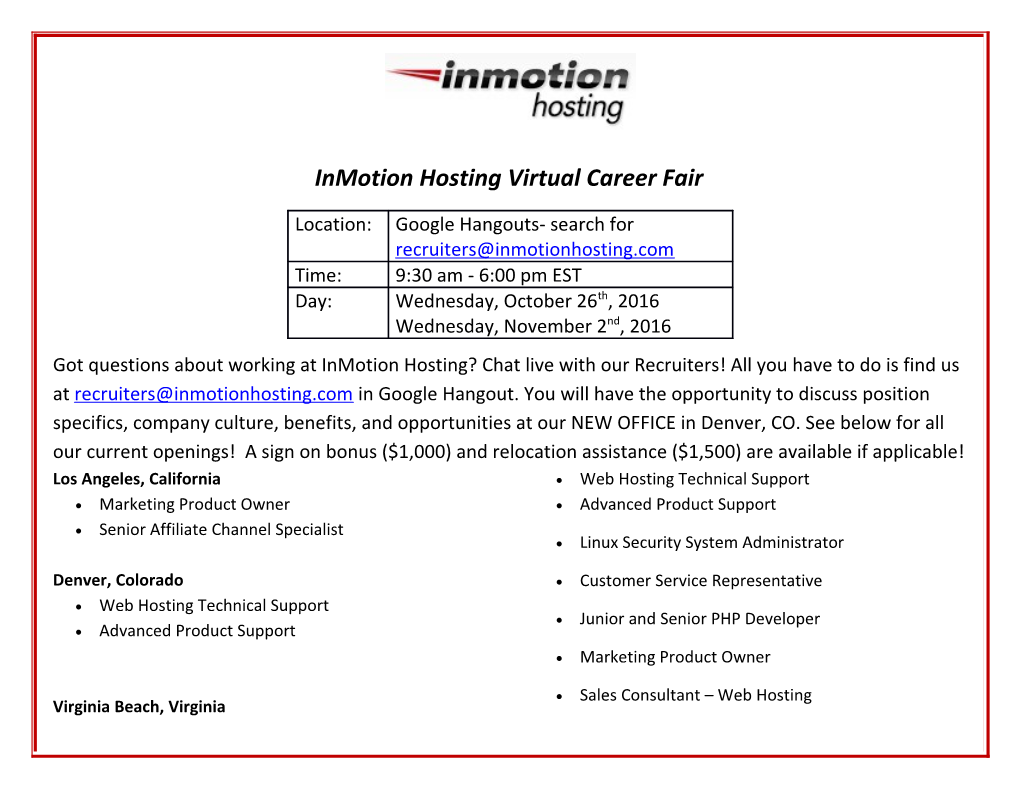 Inmotion Hosting Virtual Career Fair