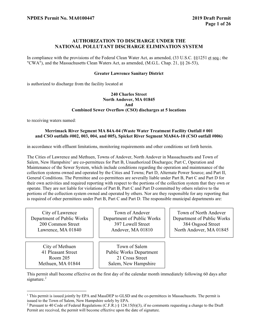 Greater Lawrence Sanitary District and Csos; Draft Permit; MA0100447