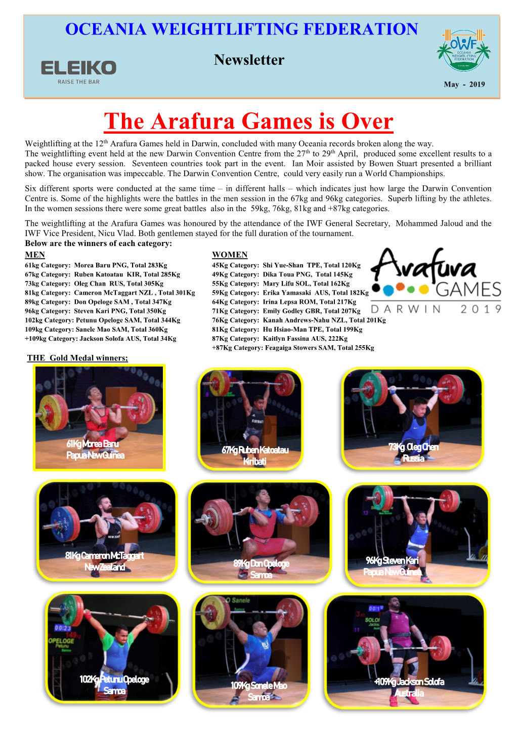 The Arafura Games Is Over Weightlifting at the 12Th Arafura Games Held in Darwin, Concluded with Many Oceania Records Broken Along the Way