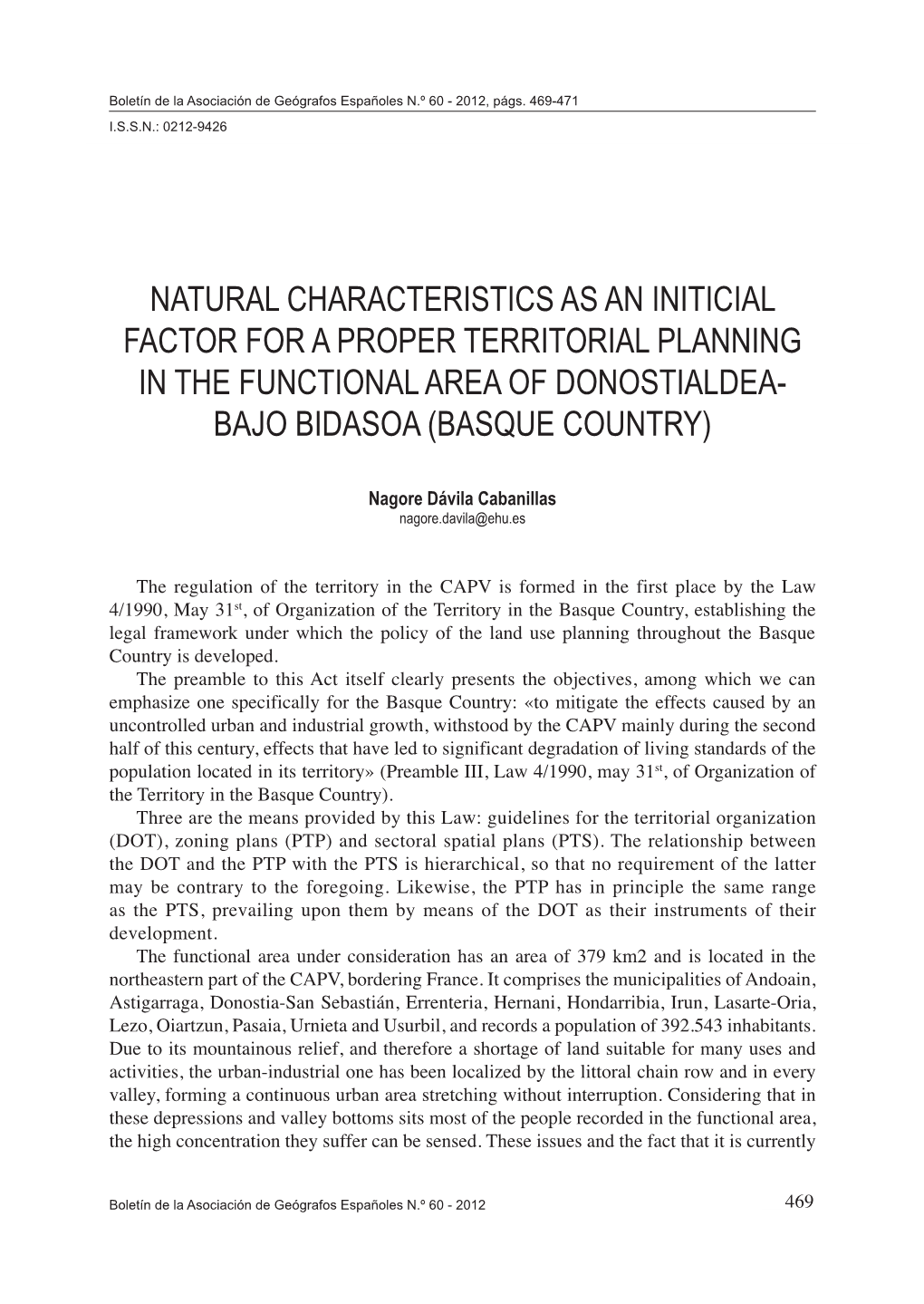 Natural Characteristics As an Initicial Factor for a Proper Territorial Planning in the Functional Area of Donostialdea- Bajo Bidasoa (Basque Country)