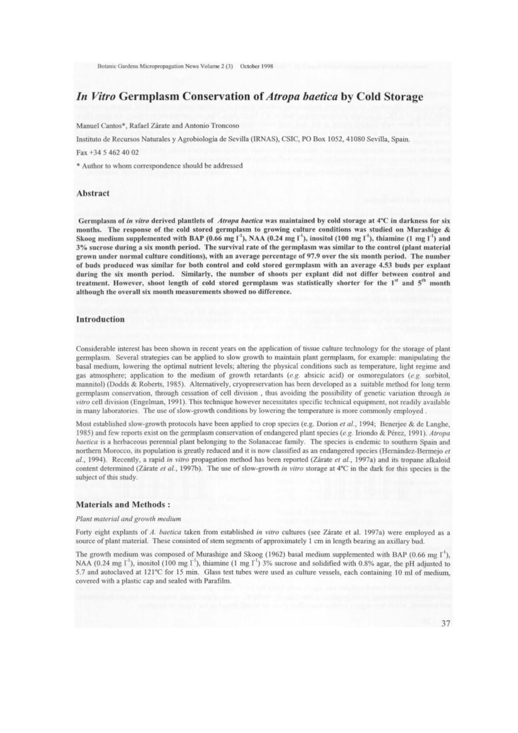 III Vitro Germplasm Conservation of Atropa Baetica by Cold Storage