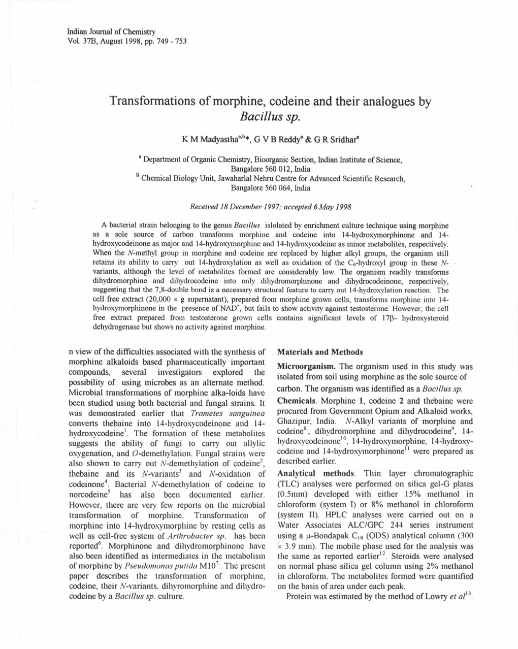 Transformations of Morphine, Codeine and Their Analogues by Bacillus Sp