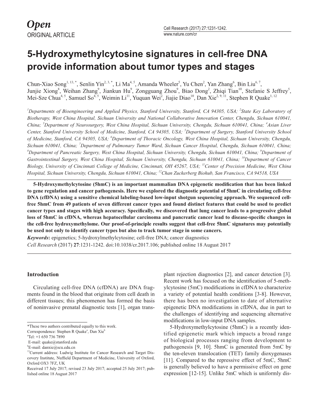 5-Hydroxymethylcytosine Signatures in Cell-Free DNA Provide Information About Tumor Types and Stages