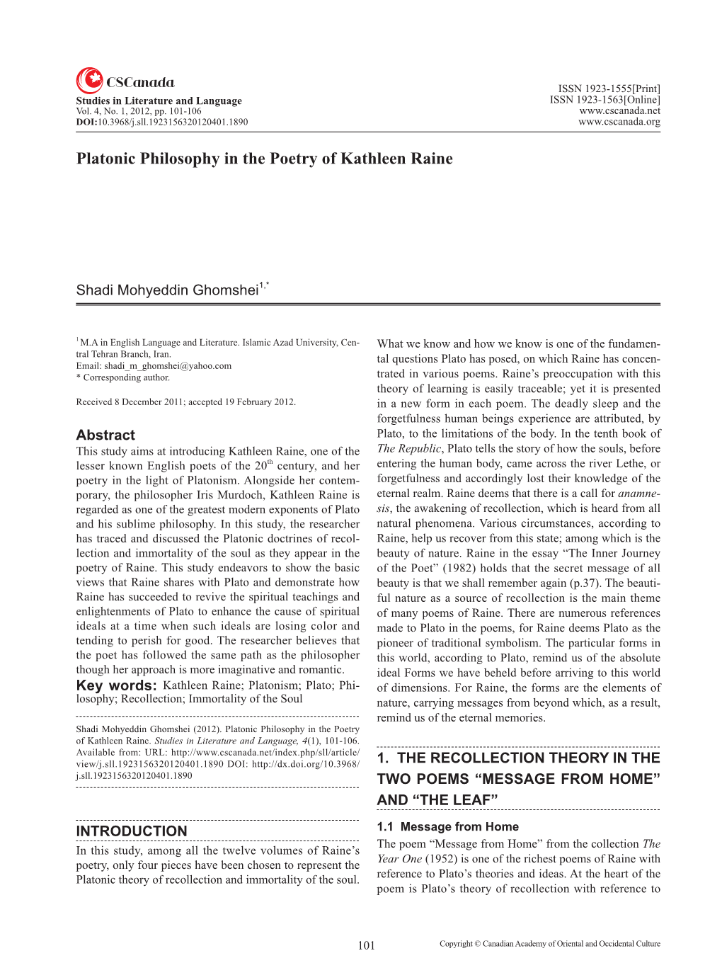 Platonic Philosophy in the Poetry of Kathleen Raine