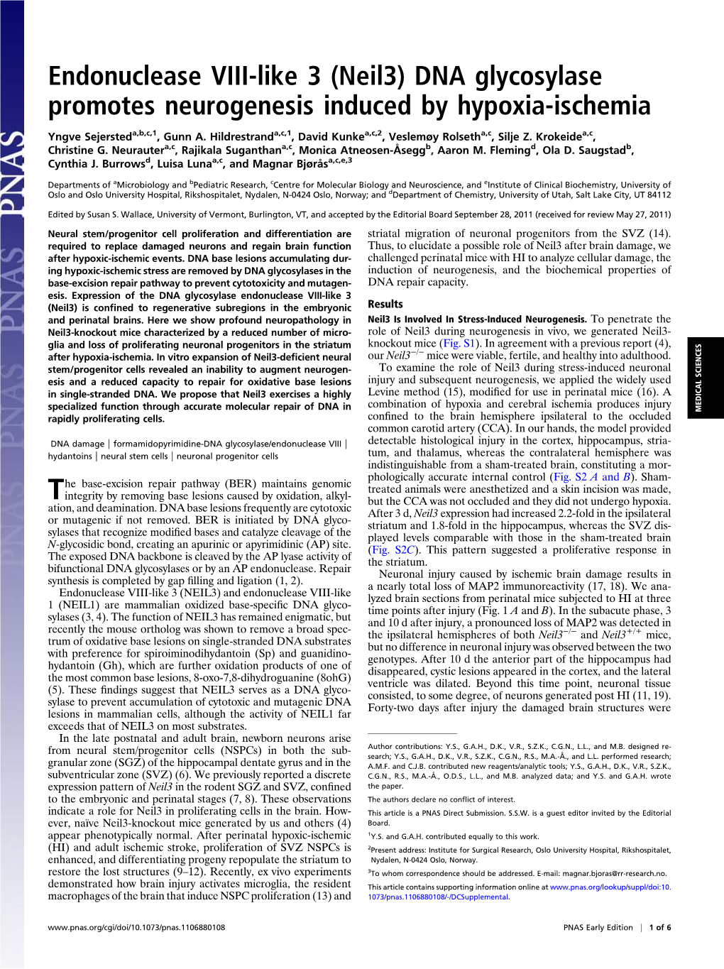 Endonuclease VIII-Like 3 (Neil3) DNA Glycosylase Promotes Neurogenesis Induced by Hypoxia-Ischemia