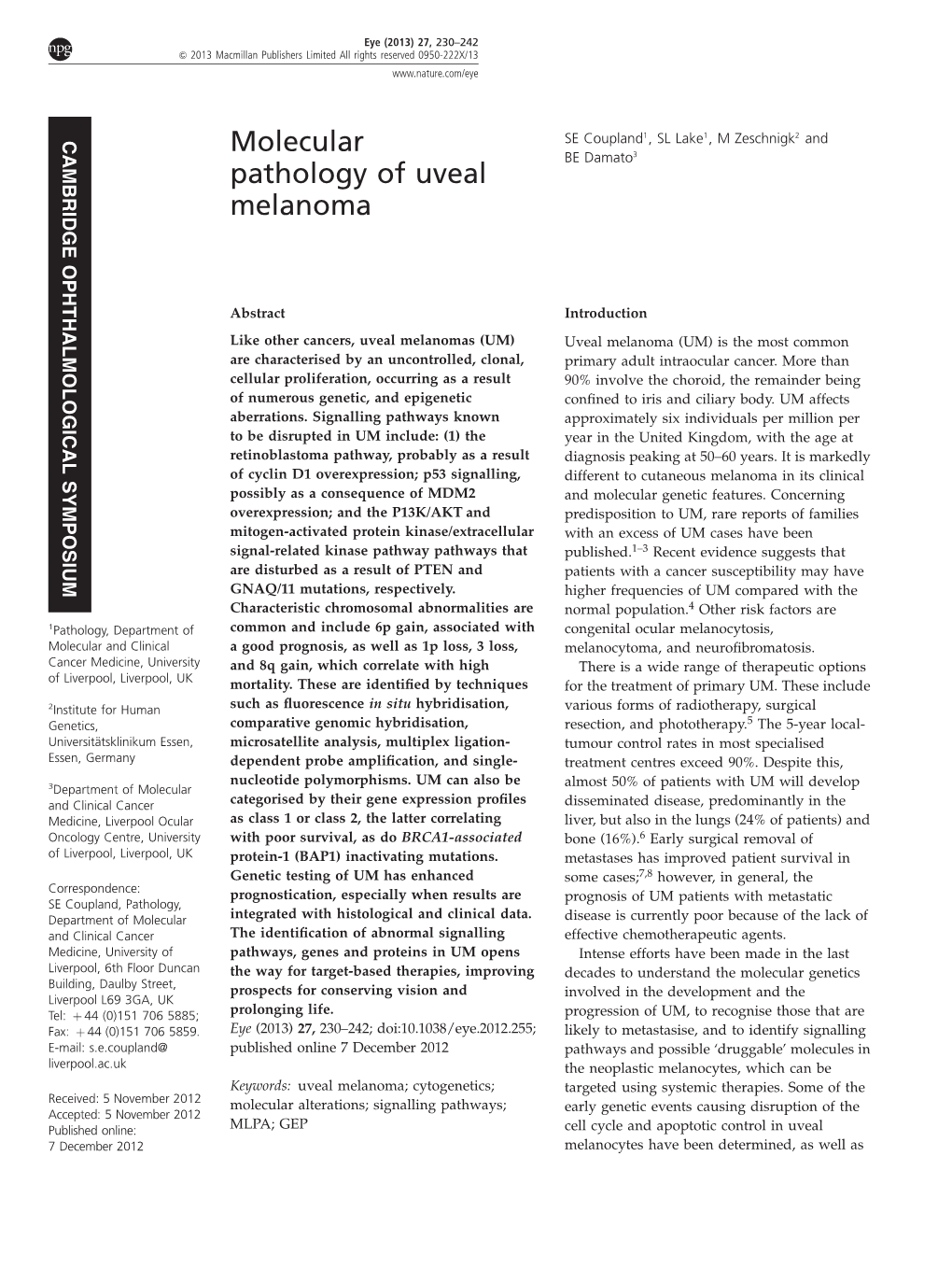 Molecular Pathology of Uveal Melanoma SE Coupland Et Al 231