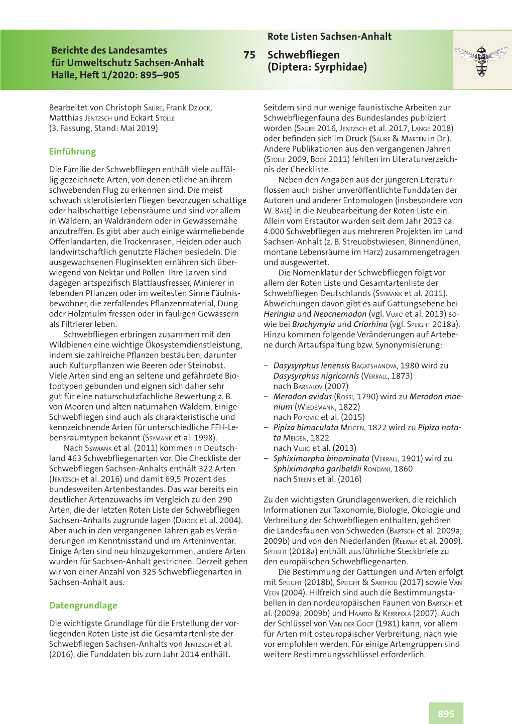 Schwebfliegen Für Umweltschutz Sachsen-Anhalt (Diptera: Syrphidae) Halle, Heft 1/2020: 895–905