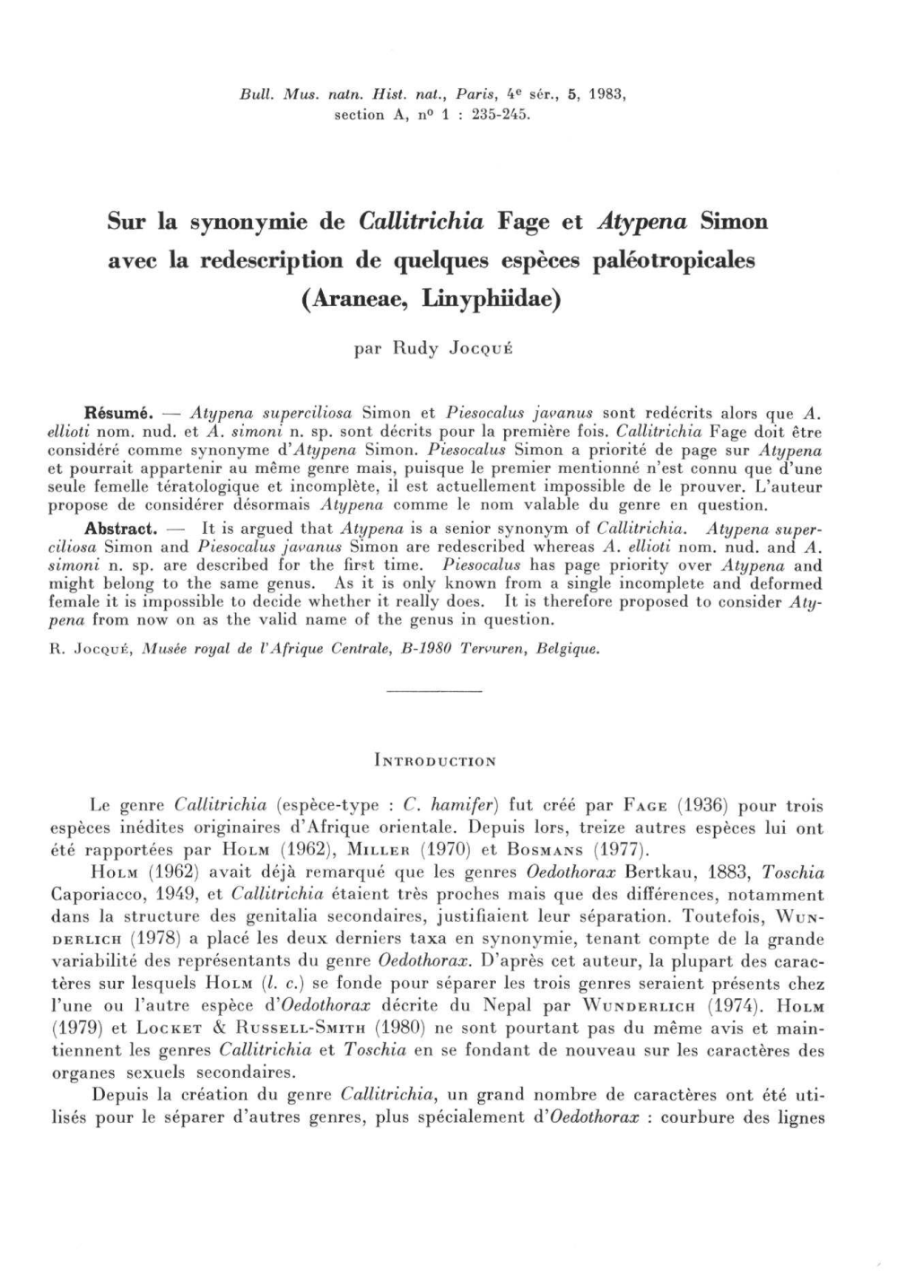 Sur La Synonymie De Callitrichia Fage Et Atypena Simon Avec La Redescription De Quelques Espèces Paléotropicales (Araneae, Linyphiidae)