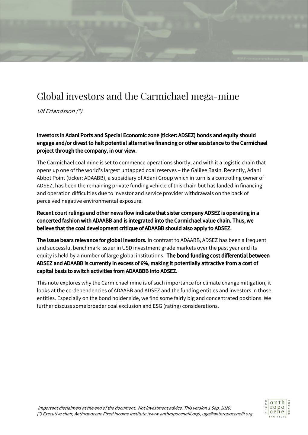 Global Investors and the Carmichael Mega-Mine