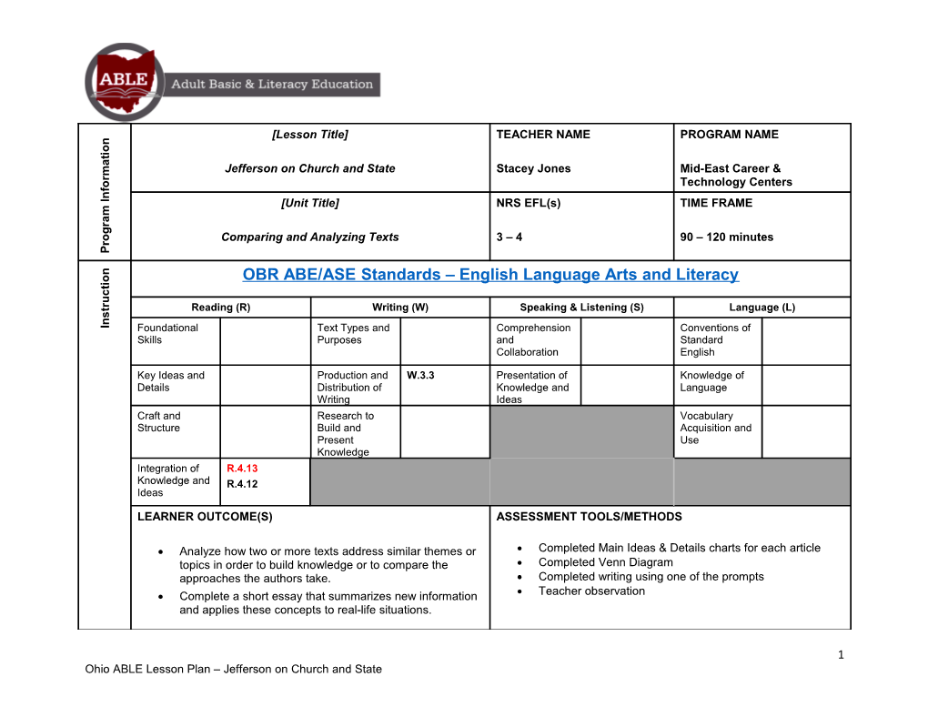 Ohio ABLE Lesson Plan Jefferson on Church and State