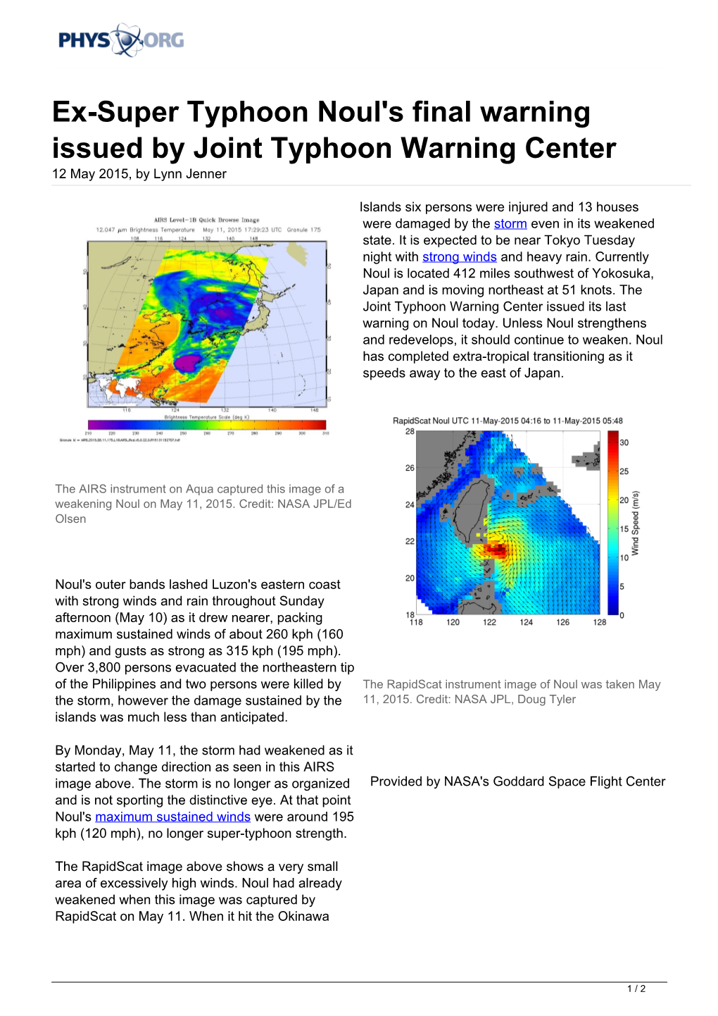 Ex-Super Typhoon Noul's Final Warning Issued by Joint Typhoon Warning Center 12 May 2015, by Lynn Jenner