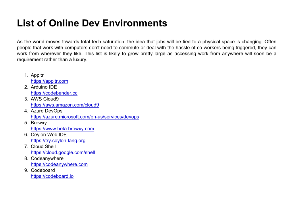 List of Online Dev Environments