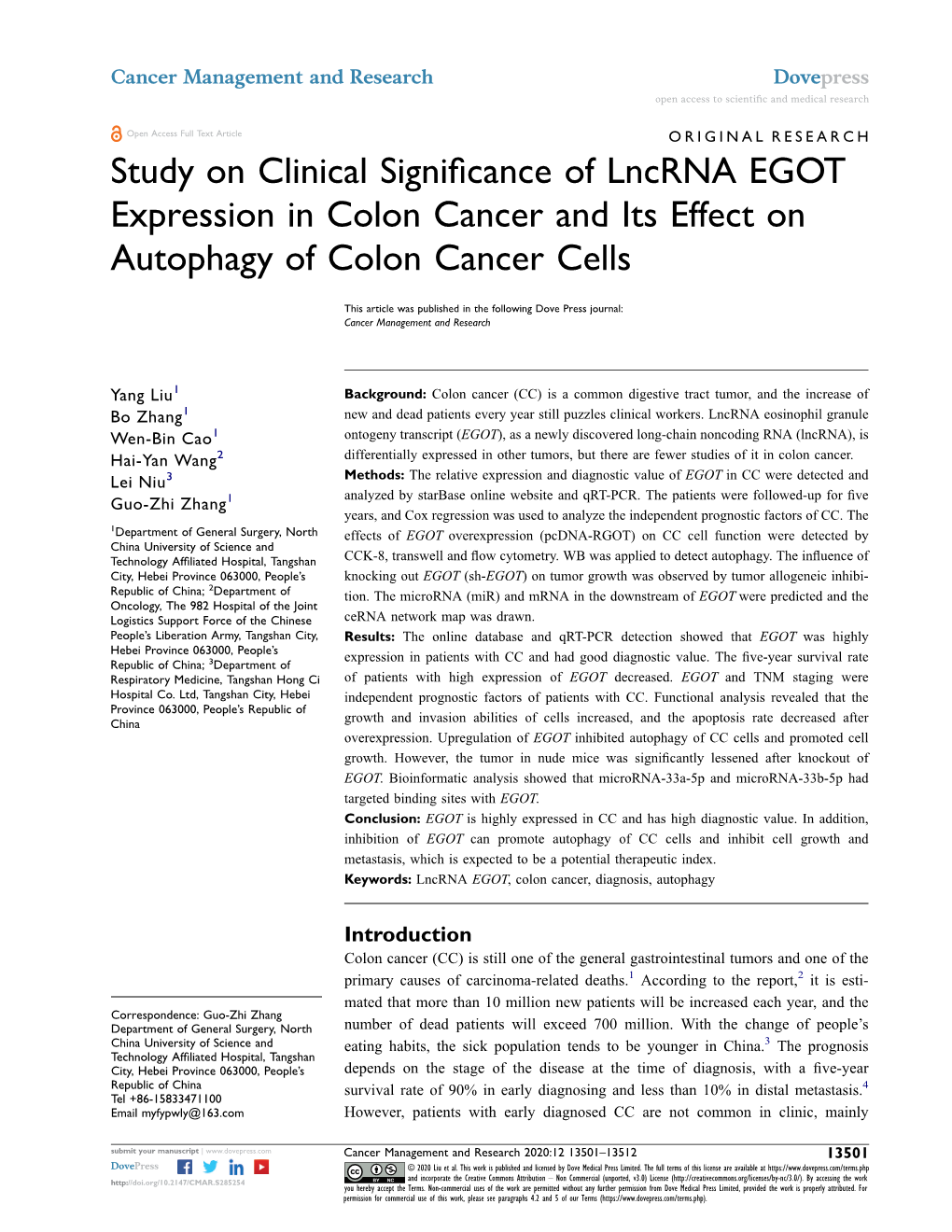 Study on Clinical Significance of Lncrna EGOT Expression in Colon Cancer and Its Effect on Autophagy of Colon Cancer Cells