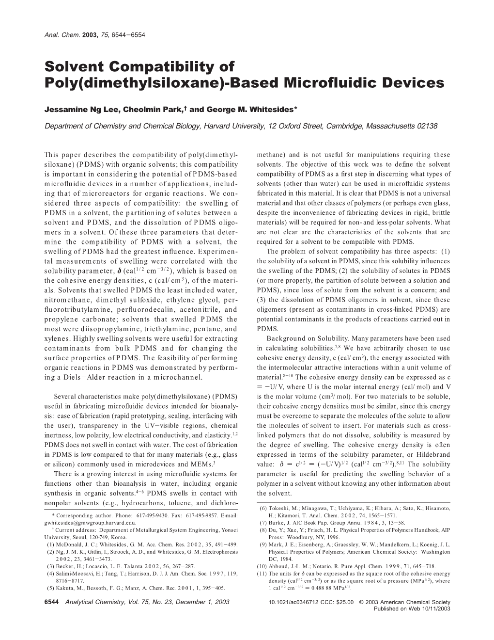 Solvent Compatibility of Poly(Dimethylsiloxane)-Based Microfluidic Devices