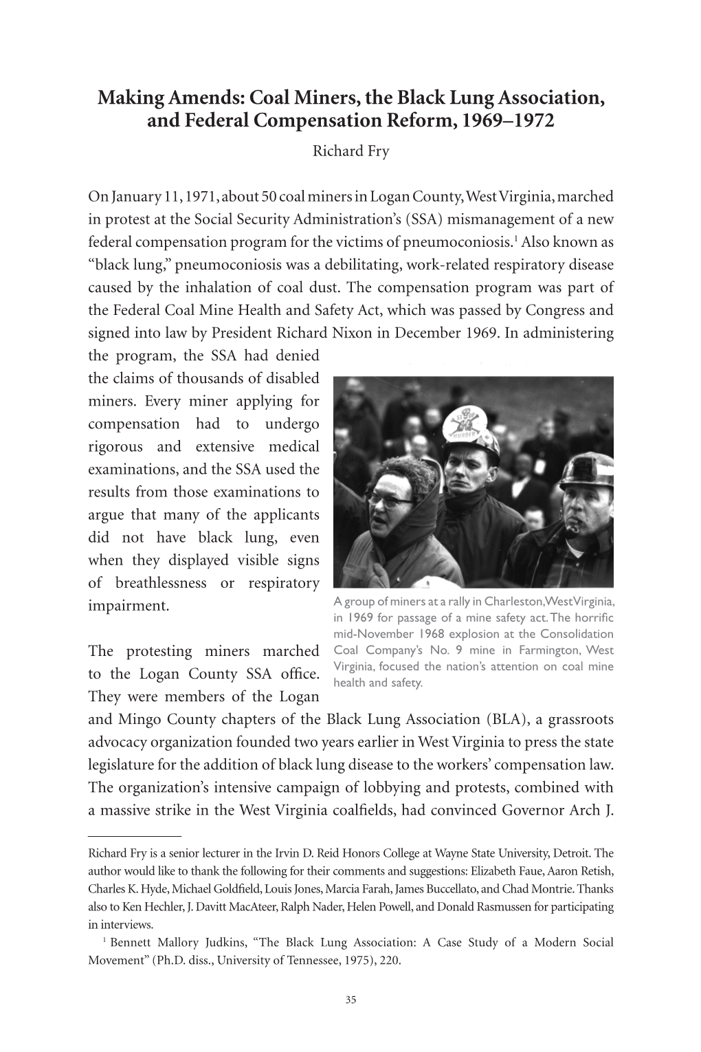 Coal Miners, the Black Lung Association, and Federal Compensation Reform, 1969–1972 Richard Fry