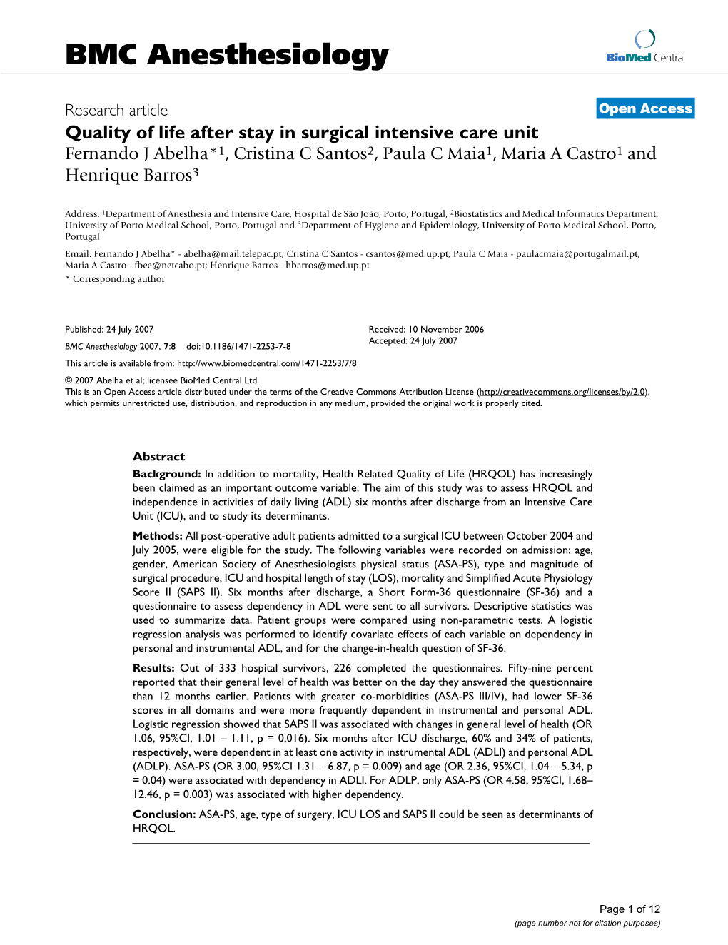 BMC Anesthesiology Biomed Central