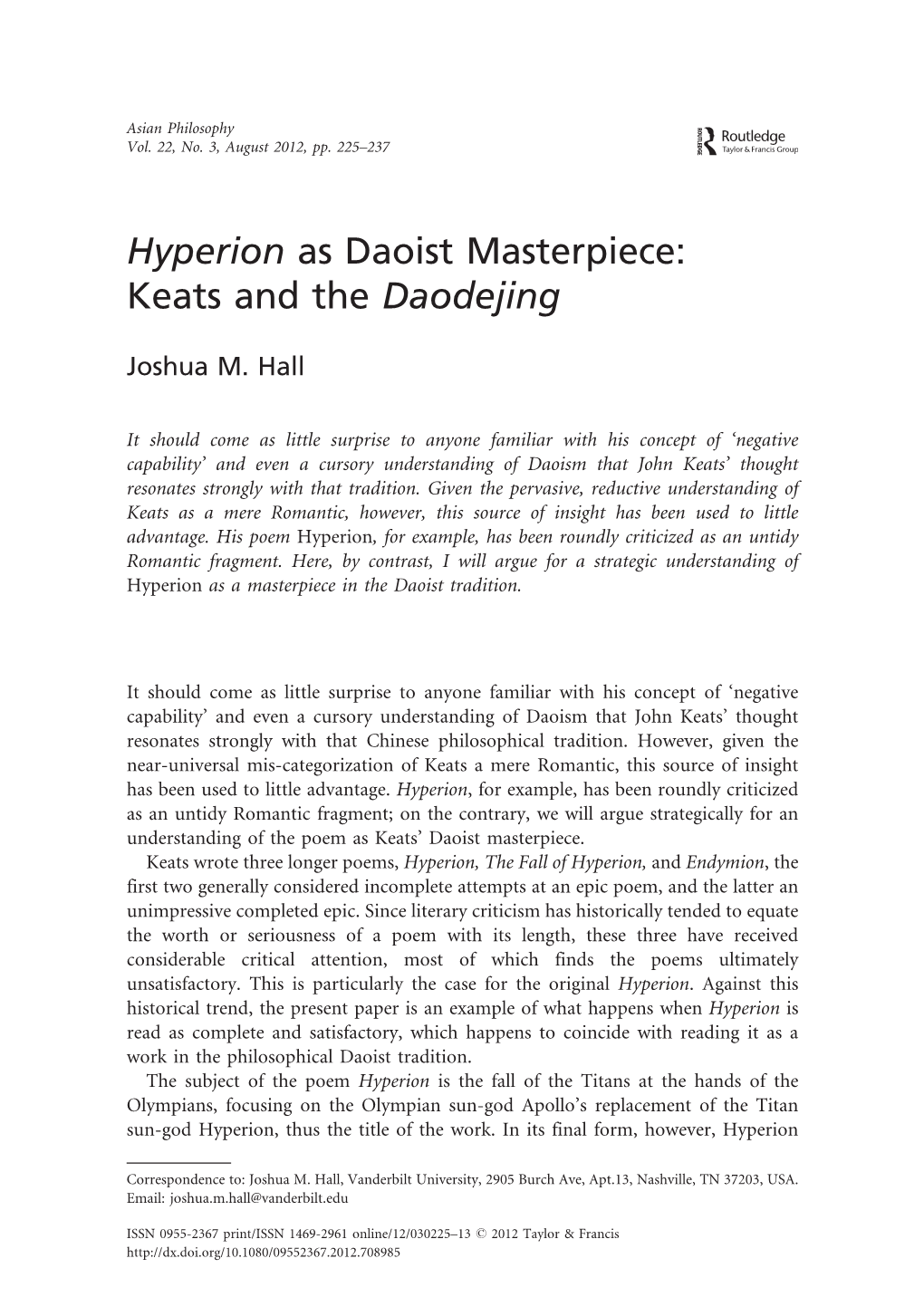 Hyperion As Daoist Masterpiece: Keats and the Daodejing