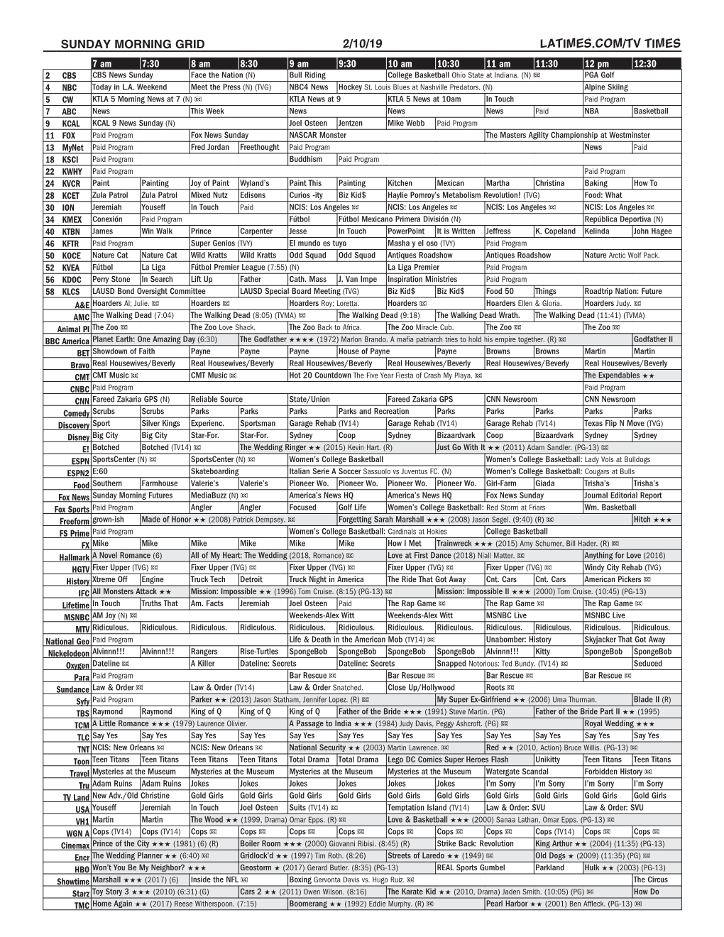 Sunday Morning Grid 2/10/19 Latimes.Com/Tv Times