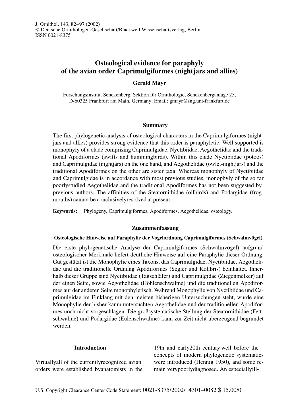 Osteological Evidence for Paraphyly of the Avian Order Caprimulgiformes (Nightjars and Allies) Gerald Mayr