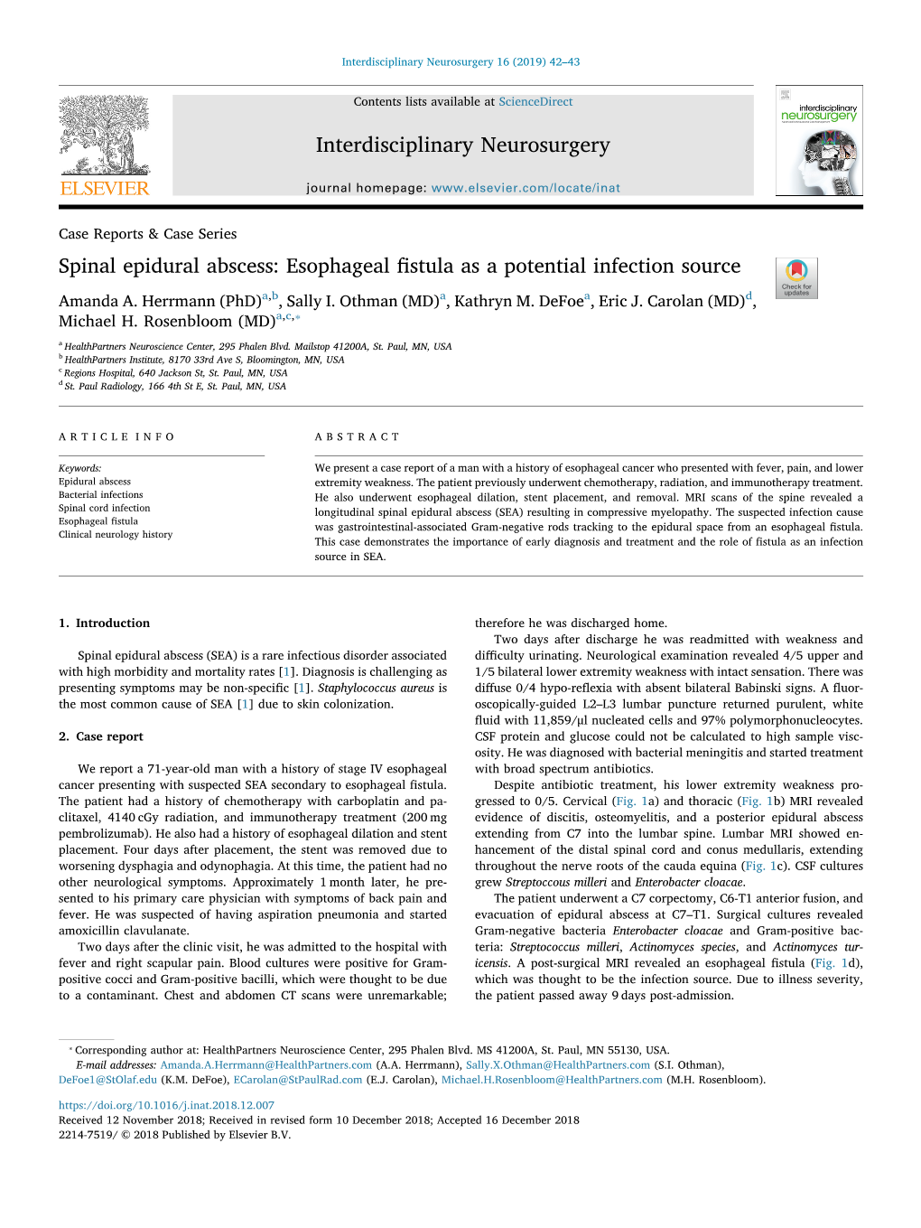 Spinal Epidural Abscess Esophageal Fistula As a Potential Infection Source