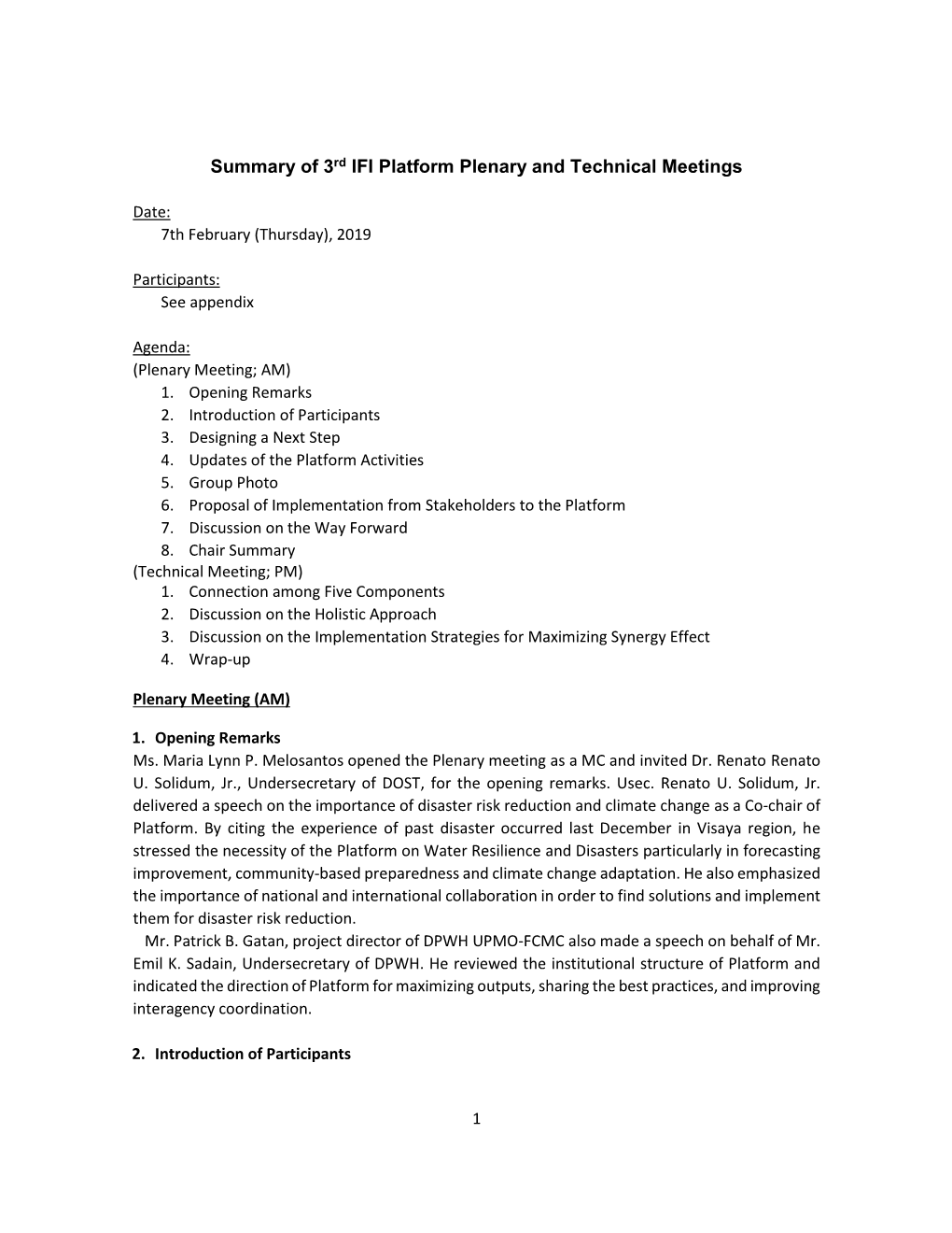 Summary of 3Rd IFI Platform Plenary and Technical Meetings