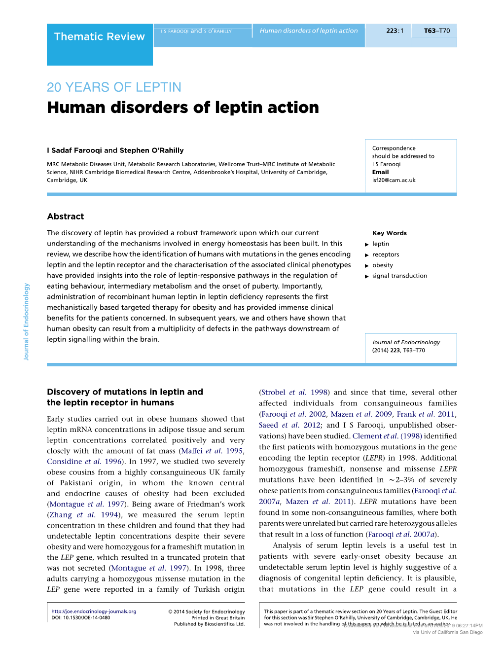 Human Disorders of Leptin Action 223:1 T63–T70 Thematic Review