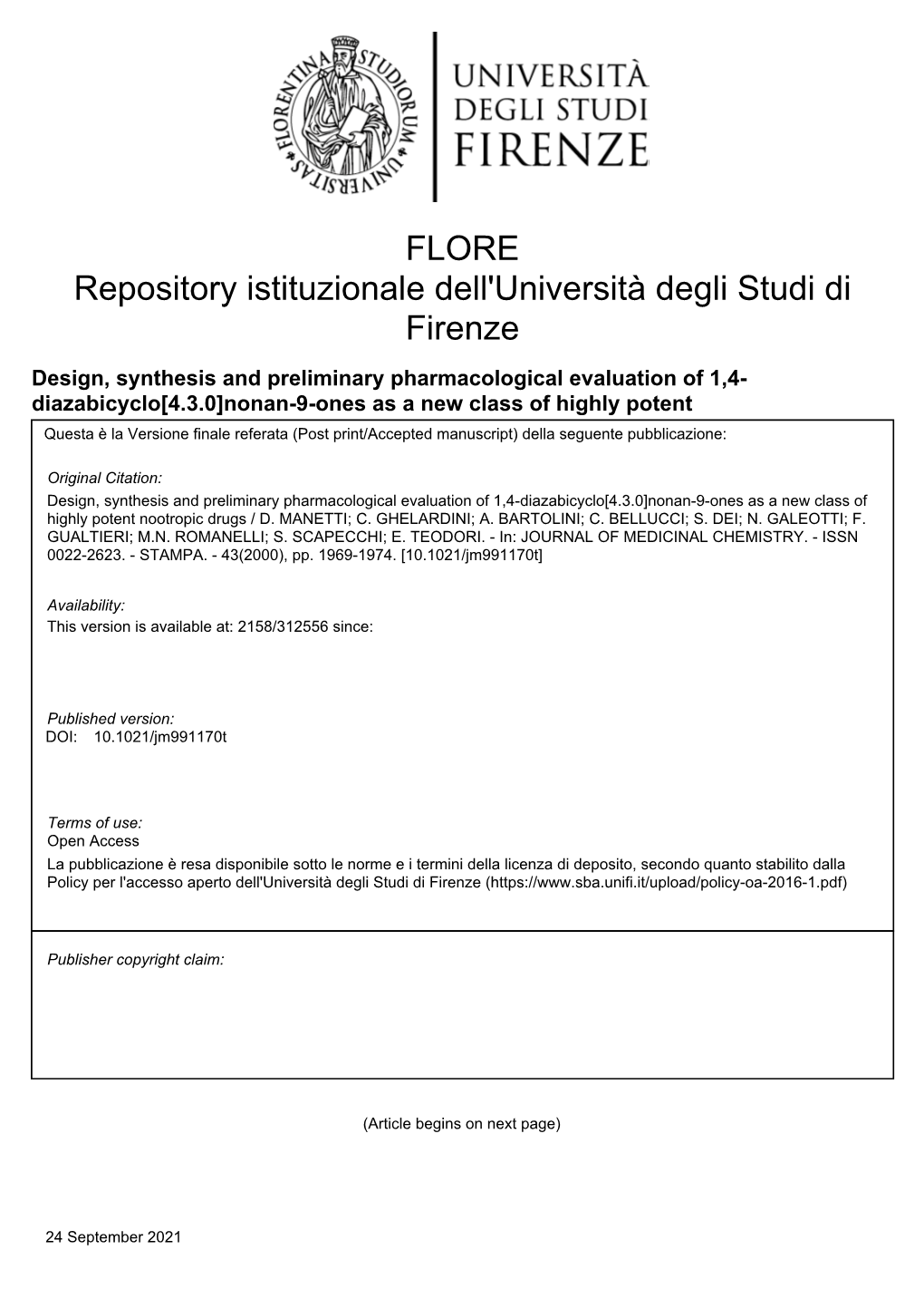 Design, Synthesis, and Preliminary Pharmacological Evaluation of 1,4-Diazabicyclo[4.3.0]Nonan-9-Ones As a New Class of Highly Potent Nootropic Agents