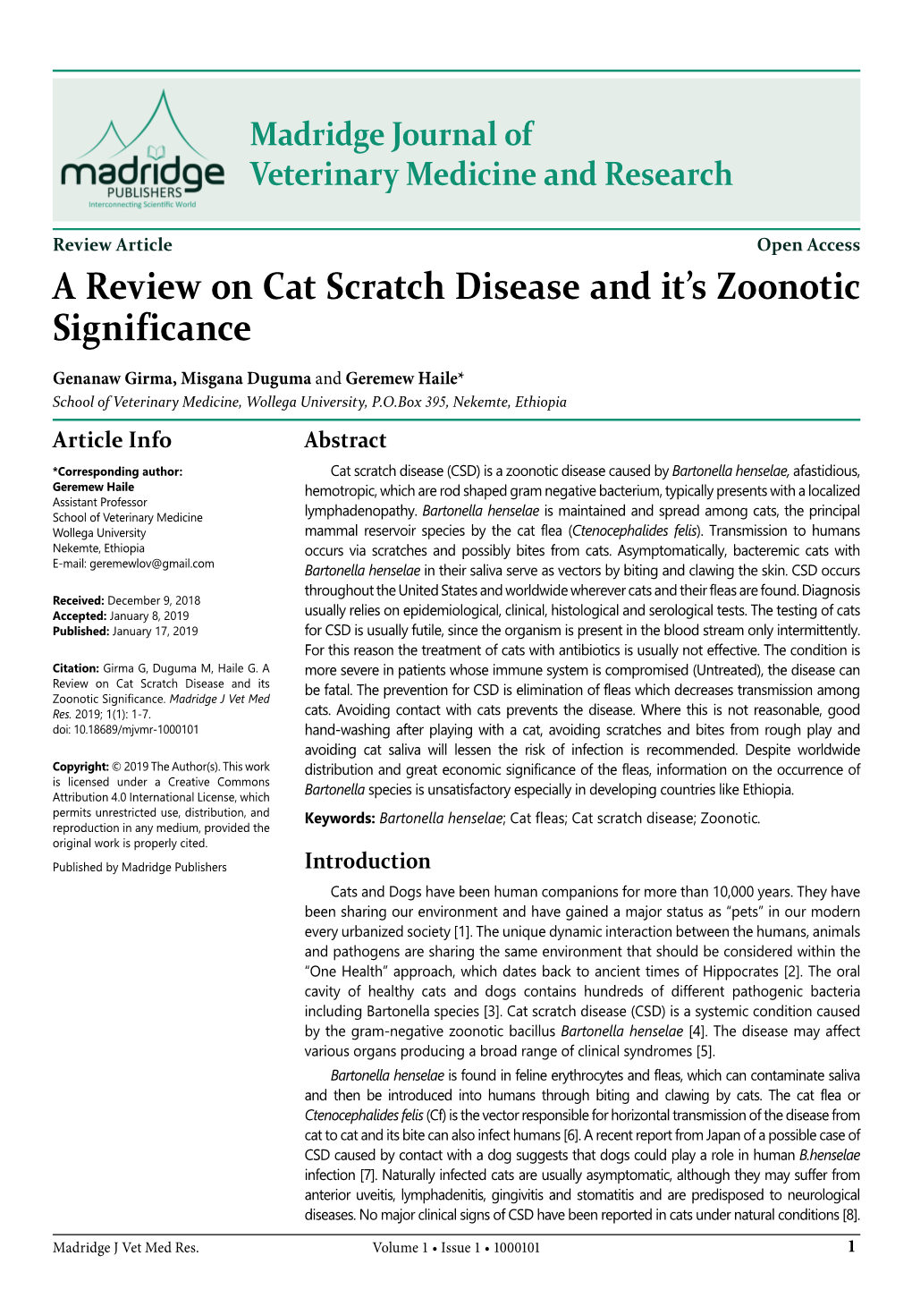 A Review on Cat Scratch Disease and It's Zoonotic Significance