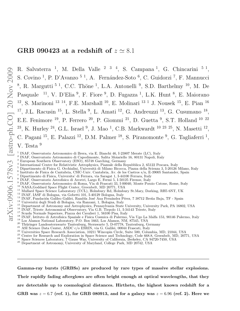 GRB 090423 at a Redshift of Ζ ≃