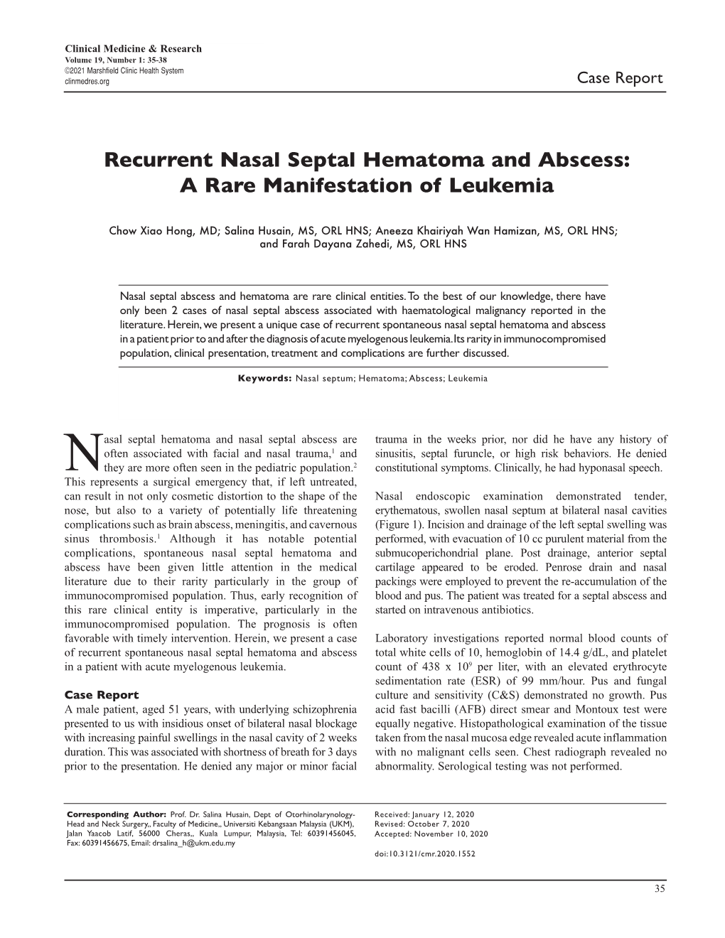 Recurrent Nasal Septal Hematoma and Abscess: a Rare Manifestation of Leukemia