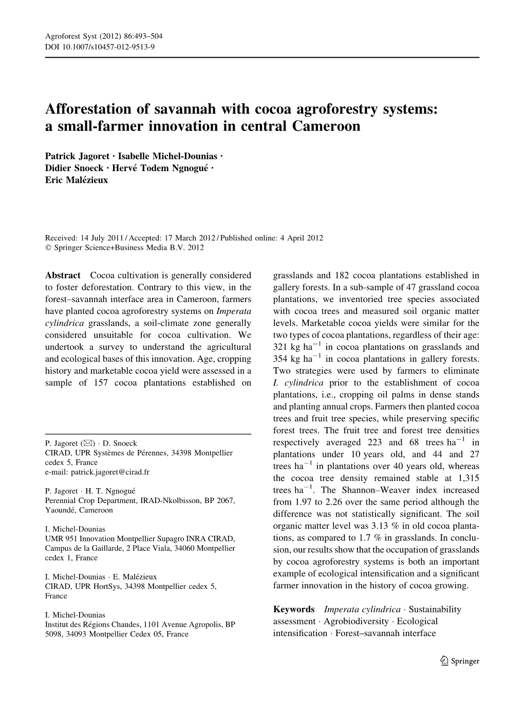 Afforestation of Savannah with Cocoa Agroforestry Systems: a Small-Farmer Innovation in Central Cameroon