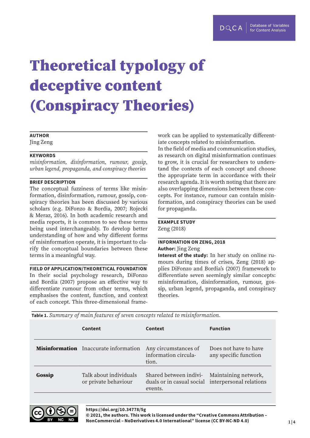 Theoretical Typology of Deceptive Content (Conspiracy Theories)