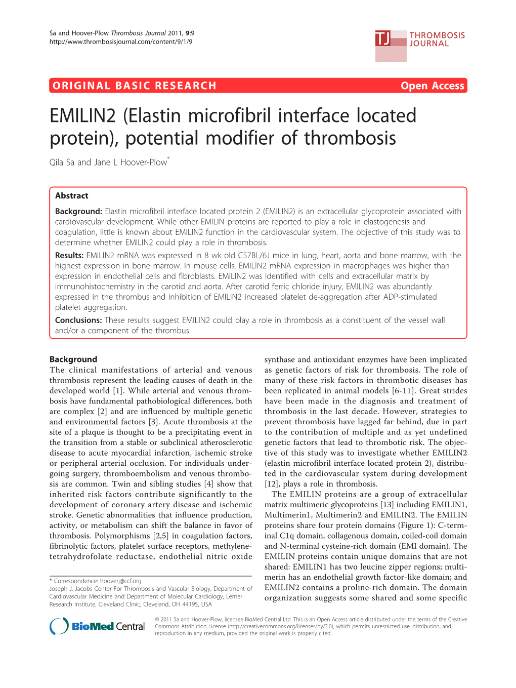 (Elastin Microfibril Interface Located Protein), Potential Modifier of Thrombosis Qila Sa and Jane L Hoover-Plow*