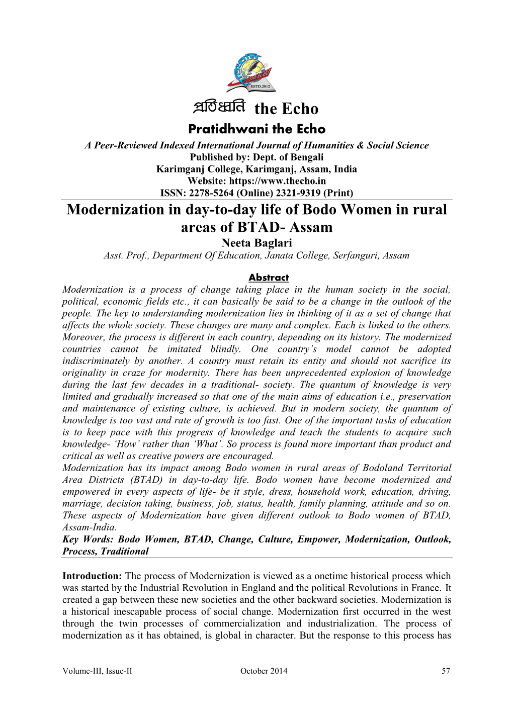 Modernization in Day-To-Day Life of Bodo Women in Rural Areas of BTAD- Assam Neeta Baglari Asst