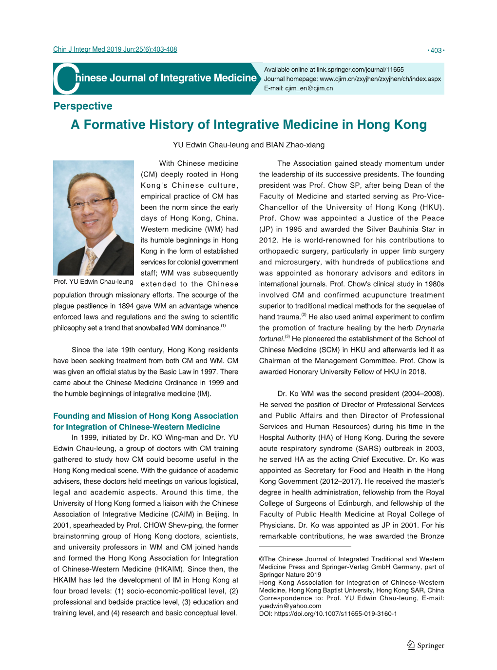 A Formative History of Integrative Medicine in Hong Kong
