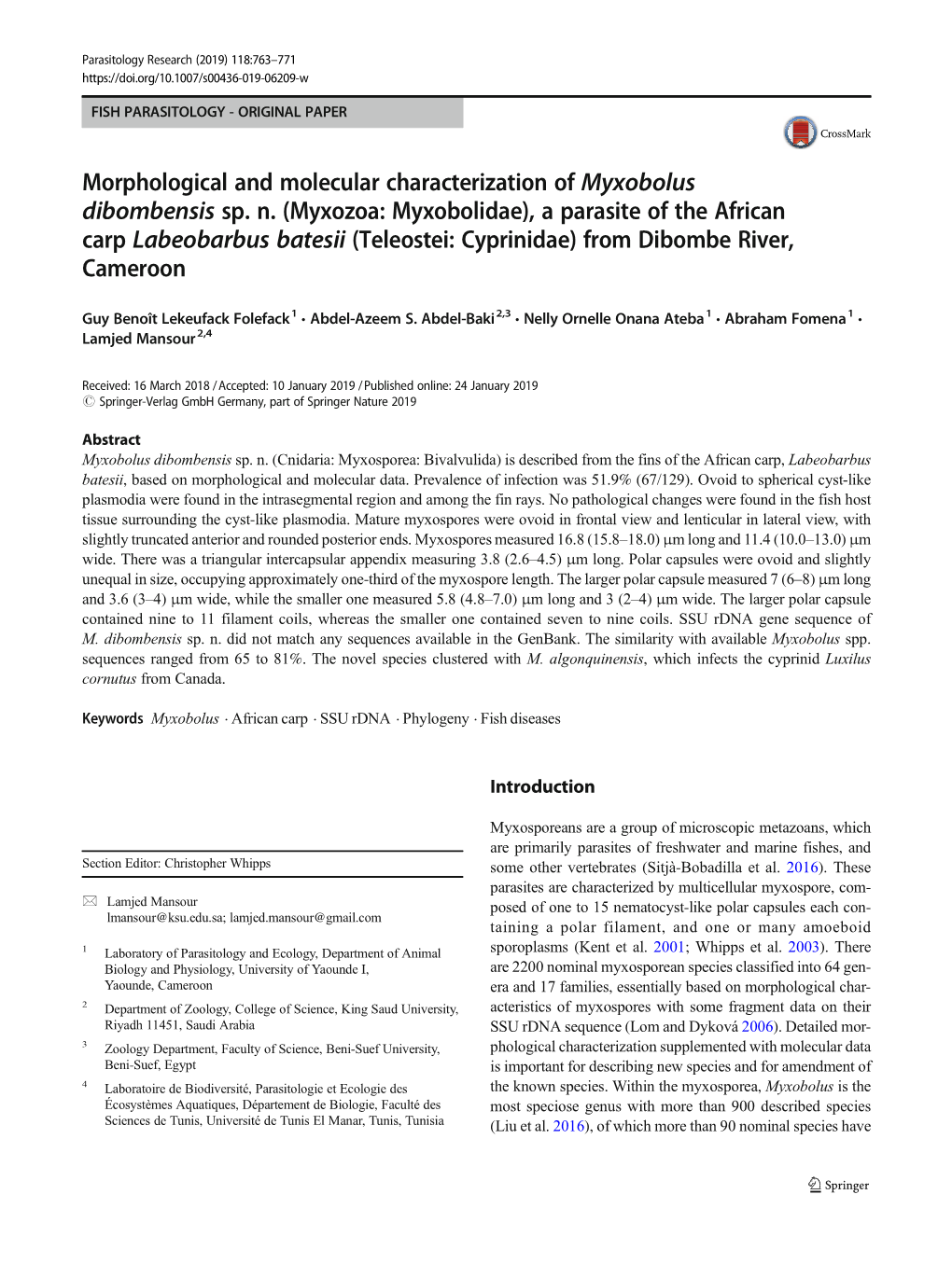 (Myxozoa: Myxobolidae), a Parasite of the African Carp Labeobarbus Batesii (Teleostei: Cyprinidae) from Dibombe River, Cameroon