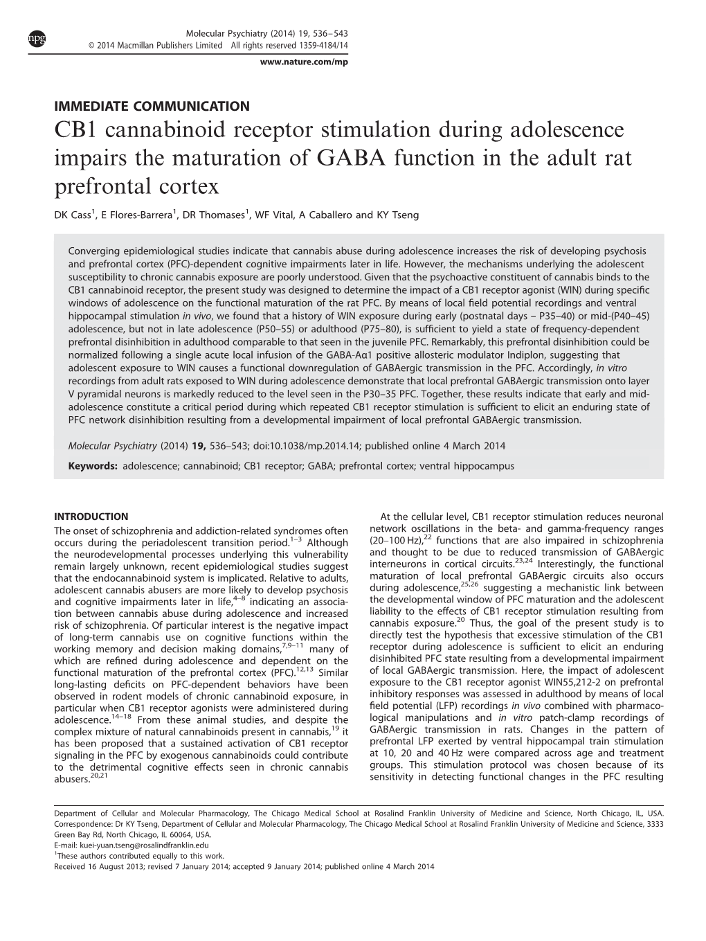 CB1 Cannabinoid Receptor Stimulation During Adolescence Impairs the Maturation of GABA Function in the Adult Rat Prefrontal Cortex