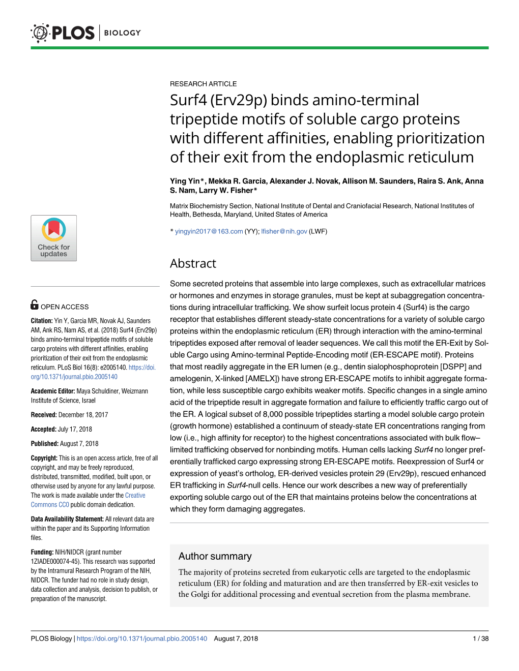 Surf4 (Erv29p) Binds Amino-Terminal Tripeptide Motifs of Soluble Cargo Proteins with Different Affinities, Enabling Prioritizati