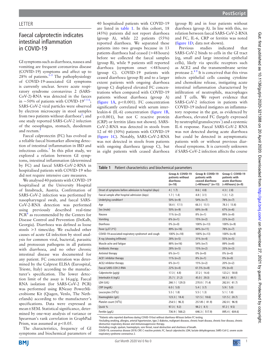 Faecal Calprotectin Indicates Intestinal Inflammation in COVID-19