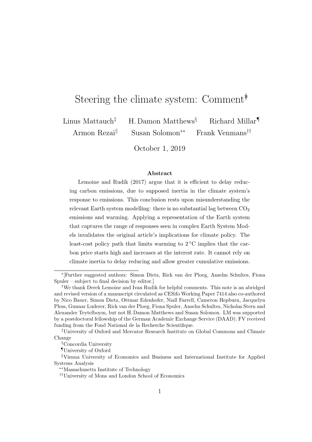 Steering the Climate System: Comment∗†