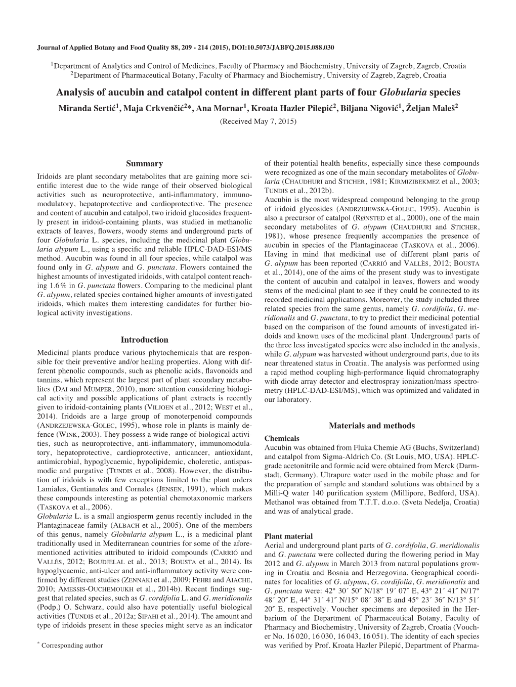 Analysis of Aucubin and Catalpol Content in Different Plant Parts Of