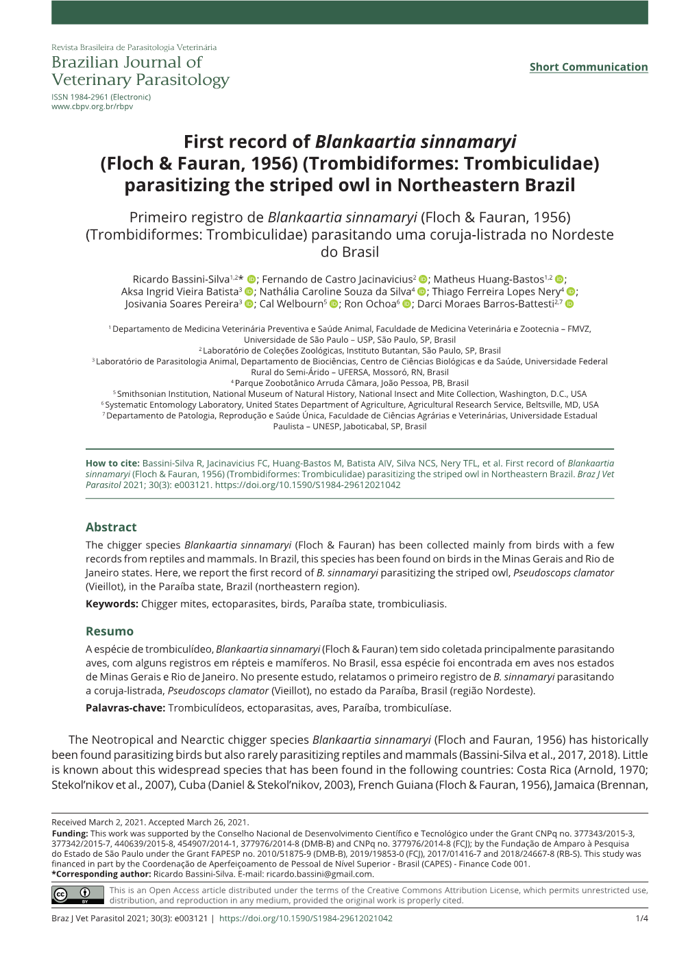 Trombidiformes: Trombiculidae) Parasitizing the Striped Owl in Northeastern Brazil