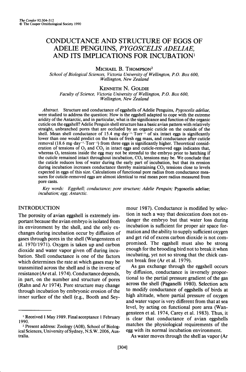 Conductance and Structure of Eggs of Adelie Penguins, Pygoscelis Adeliae, and Its Implications for Incubation ’