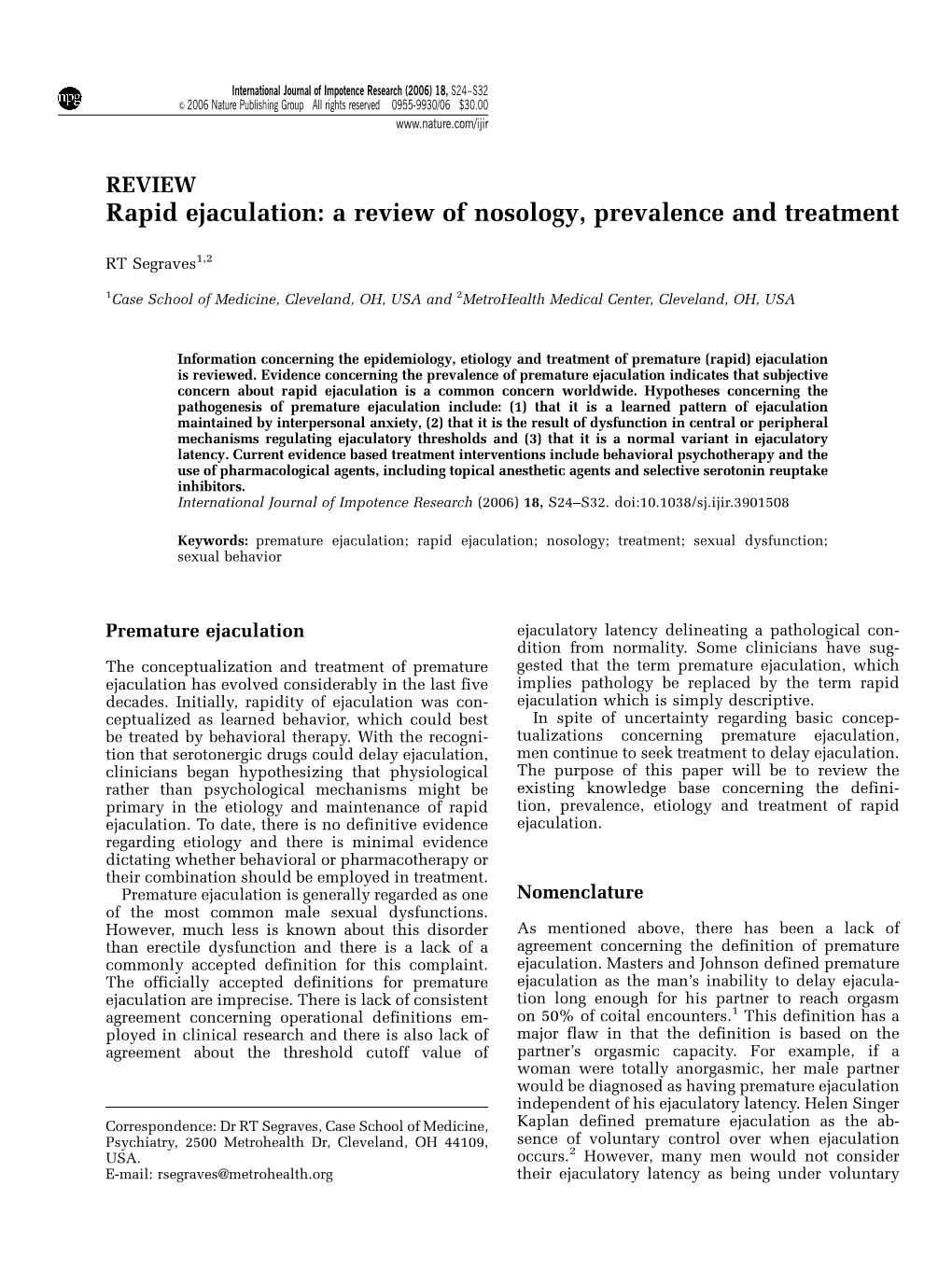 Rapid Ejaculation: a Review of Nosology, Prevalence and Treatment