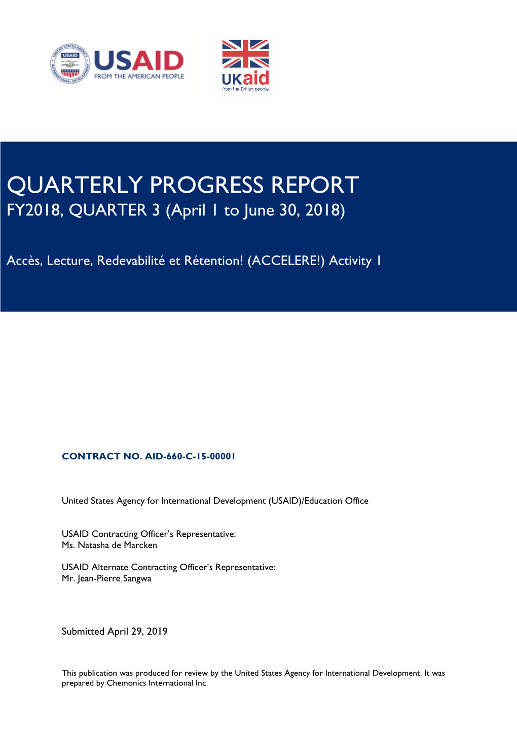 QUARTERLY PROGRESS REPORT FY2018, QUARTER 3 (April 1 to June 30, 2018)