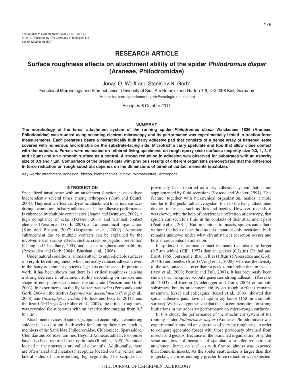 RESEARCH ARTICLE Surface Roughness Effects on Attachment Ability of the Spider Philodromus Dispar (Araneae, Philodromidae)