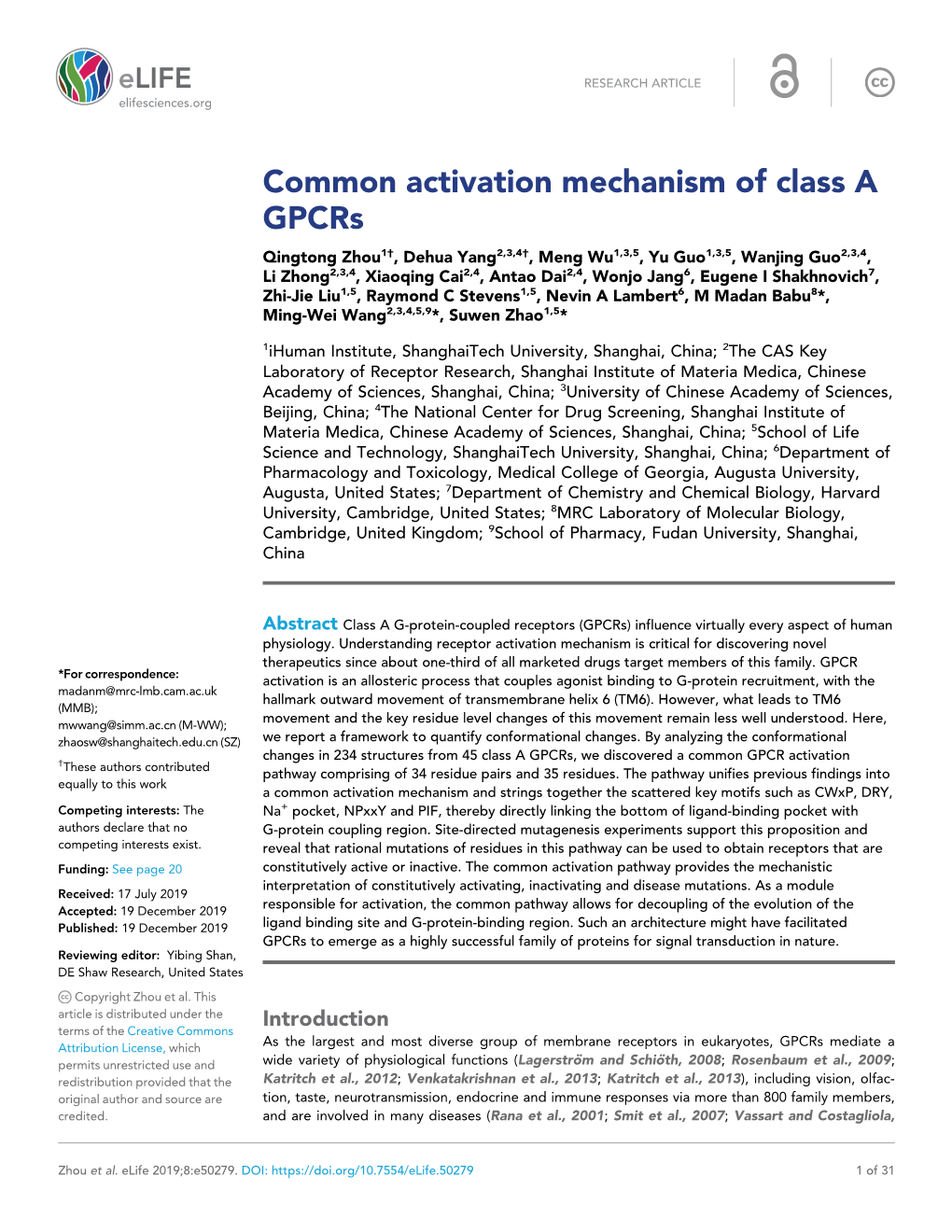 Common Activation Mechanism of Class a Gpcrs