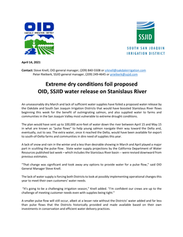 Extreme Dry Conditions Foil Proposed OID, SSJID Water Release on Stanislaus River